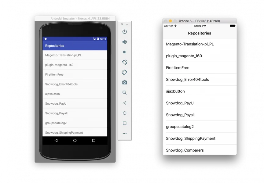 The finished sample app on Android emulator and iPhone simulator, both listing the same Snowdog Magento repositories