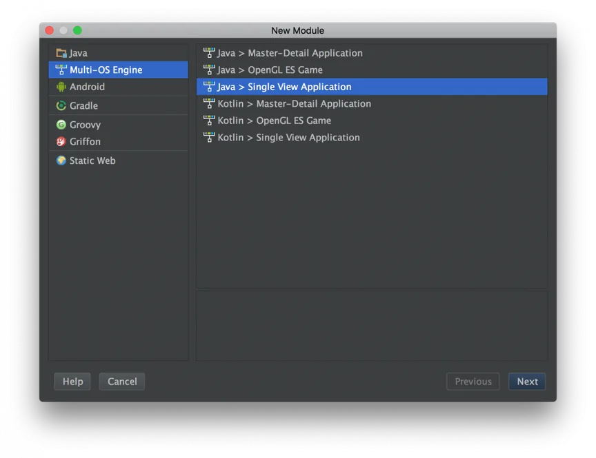New Module dialog with Multi-OS Engine selected and the Java, Single View Application template highlighted