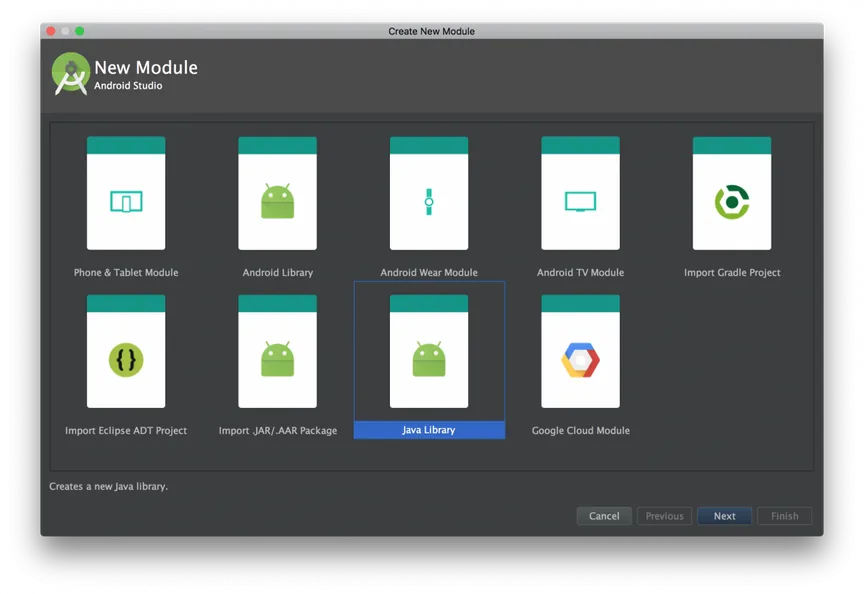 Android Studio Create New Module dialog with the Java Library template selected for the shared common module
