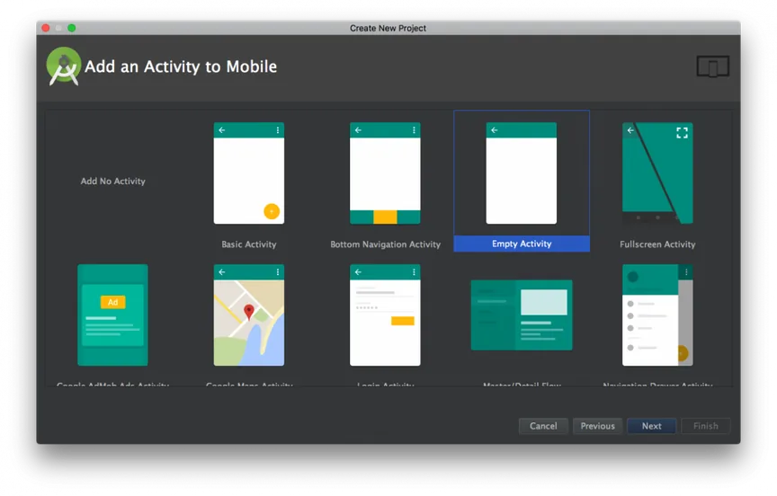 Android Studio Add an Activity to Mobile dialog with Empty Activity selected