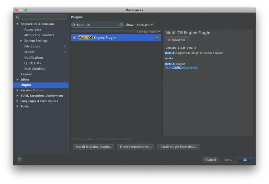Android Studio Preferences showing the Multi-OS Engine Plugin selected in the Plugins list