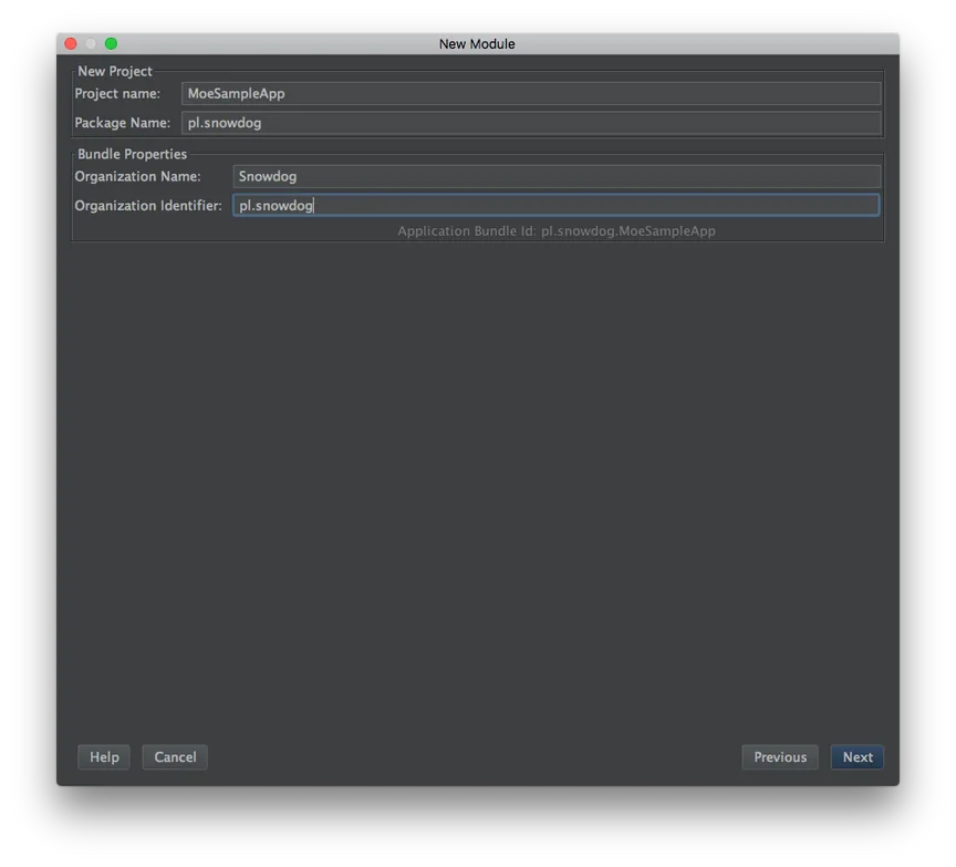 Multi-OS Engine new project form: project name MoeSampleApp, package pl.snowdog, organisation Snowdog, bundle ID pl.snowdog.MoeSampleApp
