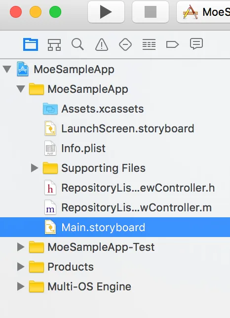 Xcode project navigator with the new RepositoryListViewController .h and .m files and Main.storyboard selected