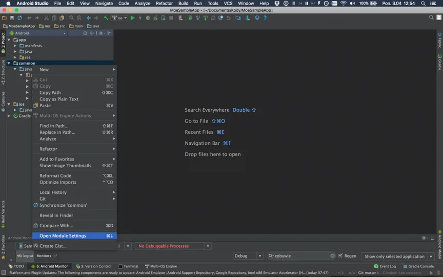 Android Studio context menu on the common module with Open Module Settings highlighted