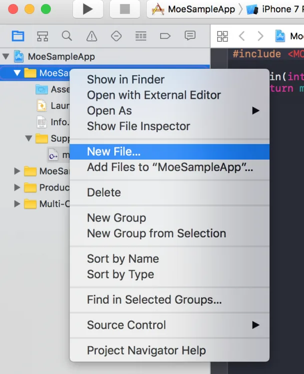 Xcode project navigator context menu on the MoeSampleApp group with New File selected