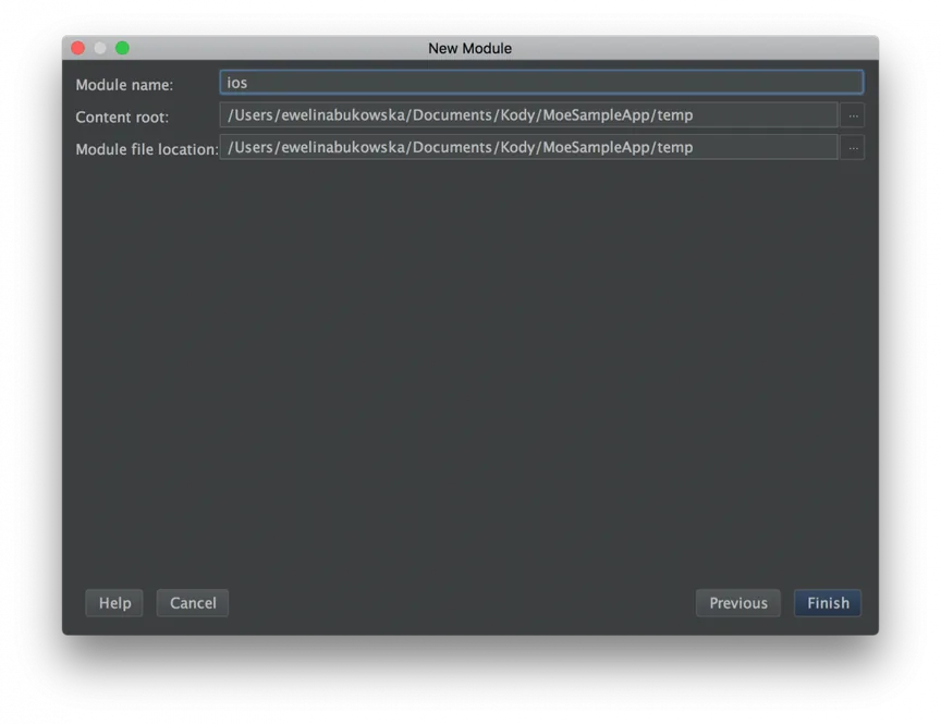 New Module dialog with the module name set to ios before clicking Finish