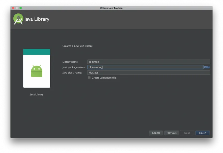Java Library settings in Android Studio with library name common and Java package name pl.snowdog