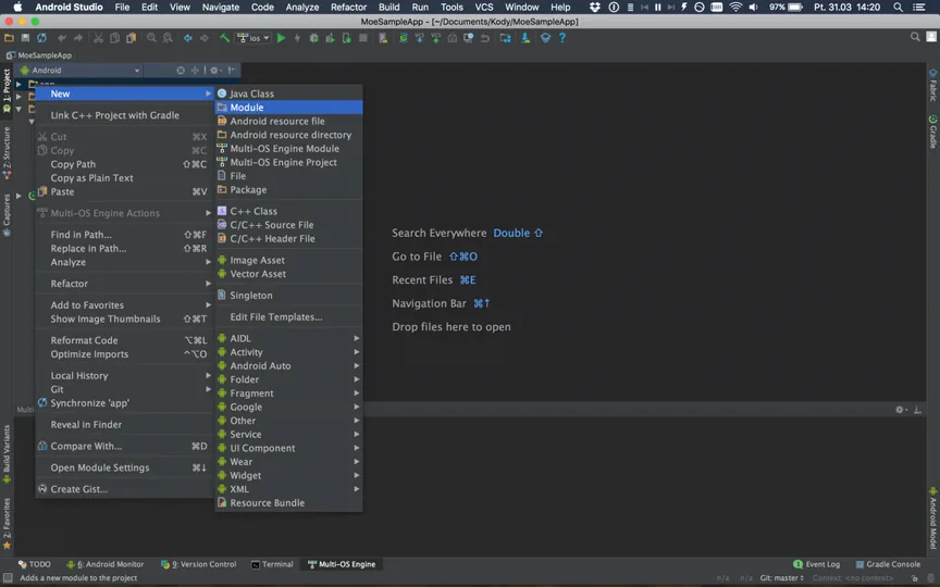Android Studio context menu with New, Module selected, the first step in adding the common module to the MoeSampleApp project