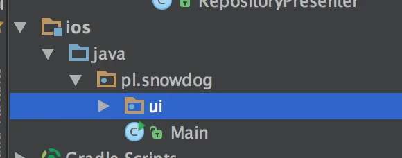 Android Studio project tree showing the ios module with java, pl.snowdog, a ui package and the Main class