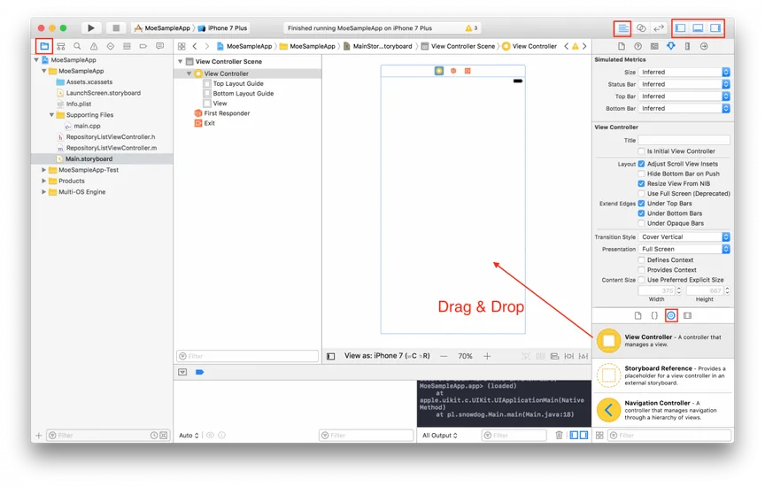 Xcode storyboard editor with an arrow showing a new View Controller dragged from the object library onto the canvas