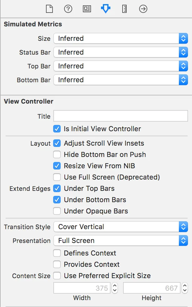 Xcode attributes inspector for the View Controller with Is Initial View Controller ticked