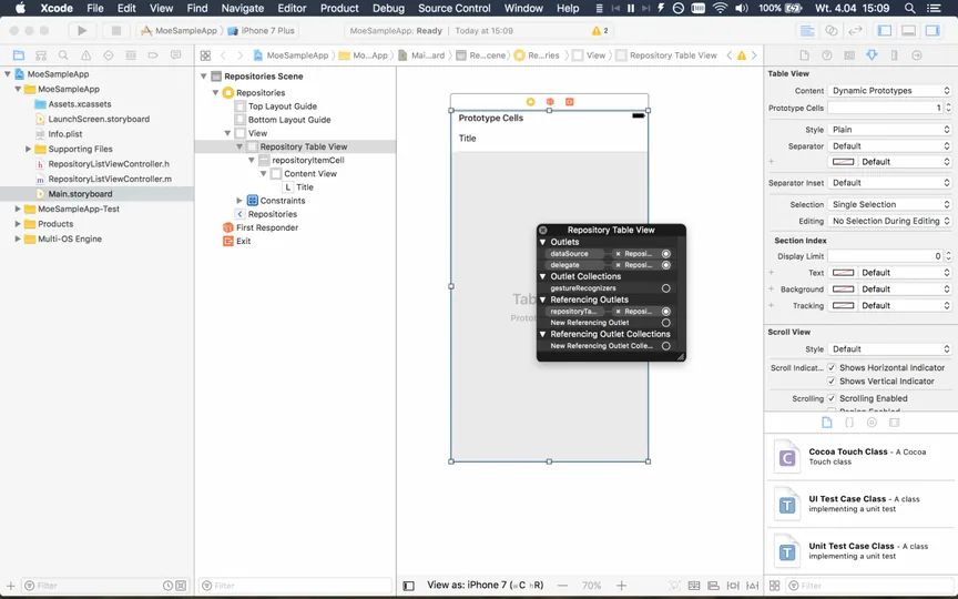 Xcode connections panel for the Repository Table View showing dataSource and delegate outlets connected