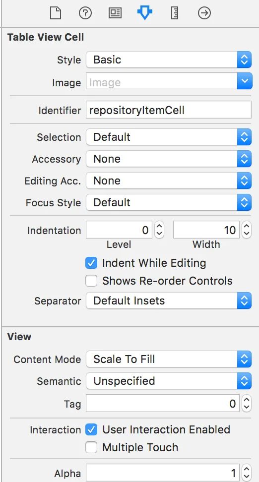 Xcode attributes inspector for the Table View Cell with style Basic and identifier repositoryItemCell