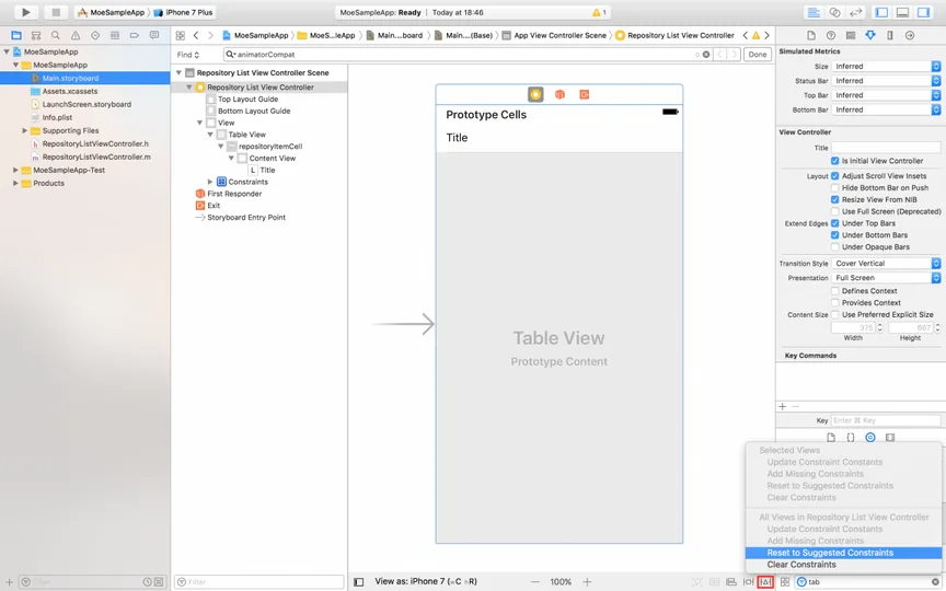Xcode Resolve Auto Layout Issues menu with Reset to Suggested Constraints selected for the Repository List View Controller