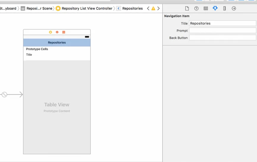 Xcode storyboard with the navigation item title set to Repositories above the table view