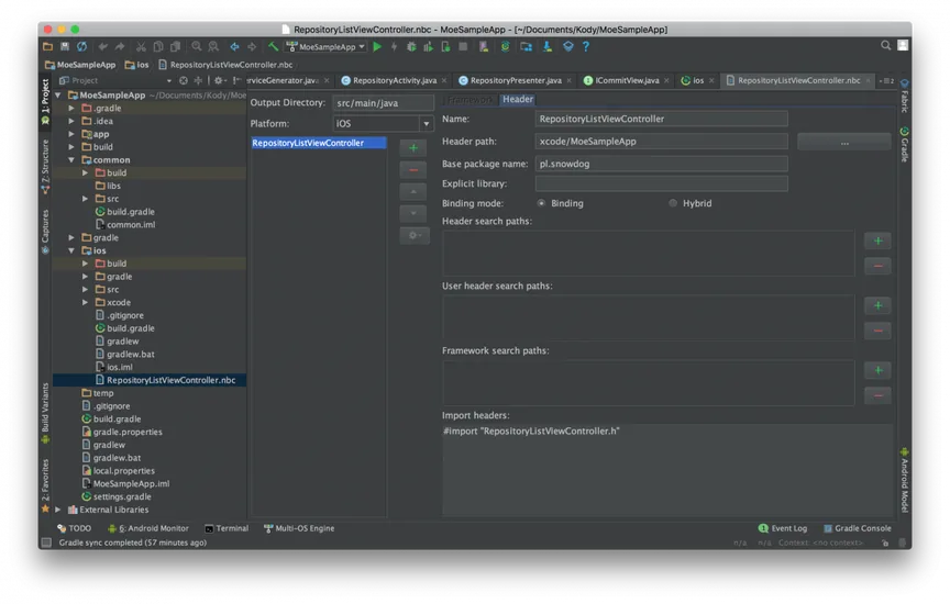 Multi-OS Engine binding editor for RepositoryListViewController with header path xcode/MoeSampleApp and package pl.snowdog