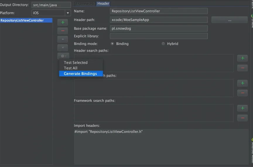 Multi-OS Engine binding editor with the settings menu open and Generate Bindings selected