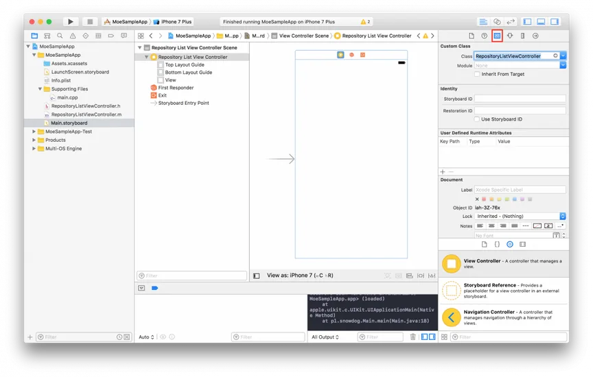 Xcode identity inspector with Custom Class set to RepositoryListViewController for the storyboard scene
