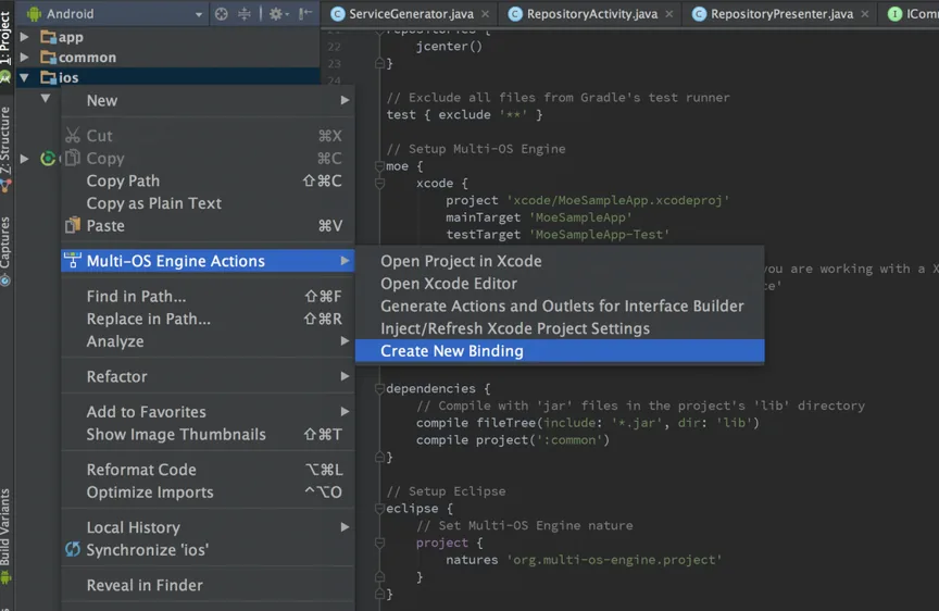 Android Studio context menu on the ios module with Multi-OS Engine Actions, Create New Binding highlighted