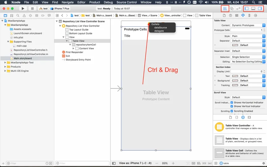 Xcode storyboard with ctrl-drag from the Table View to the view controller icon, showing the dataSource and delegate outlets