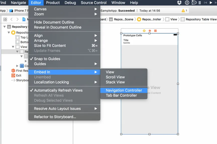 Xcode Editor menu with Embed In, Navigation Controller selected for the repository list scene