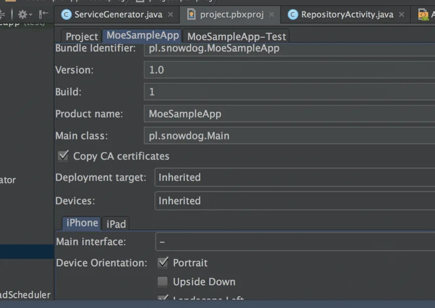 Multi-OS Engine project settings for MoeSampleApp with Copy CA certificates ticked, the fix for an empty list caused by a security exception