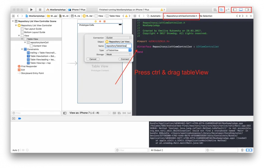 Xcode Assistant Editor with ctrl-drag from the table view creating a repositoryTableView outlet of type UITableView in the header file