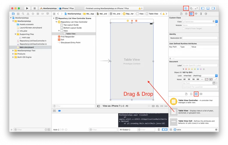 Xcode storyboard with an arrow showing a Table View dragged from the object library into the View Controller