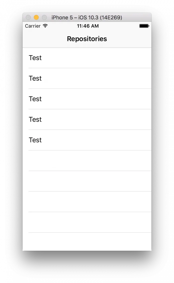 iPhone 5 simulator showing a Repositories list filled with five sample rows reading Test