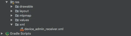 Android Studio project tree showing device_admin_receiver.xml inside the res/xml folder