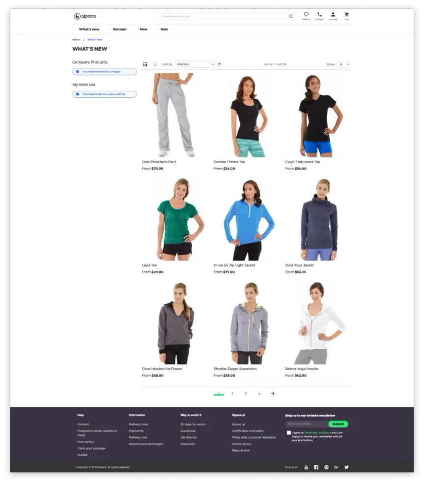 Full page of the Alpaca What's New category with a nine-product grid, pagination and footer