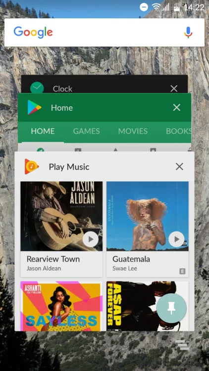 Android recent apps screen with a pin button on the Play Music card, used to pin the app to the screen