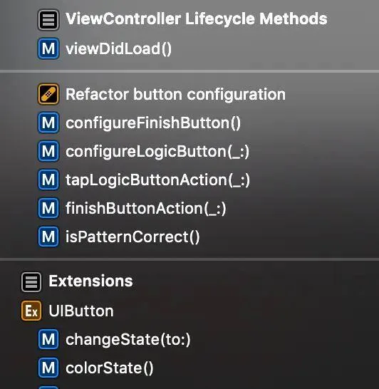 Xcode jump bar list grouped by MARK sections such as ViewController Lifecycle Methods, a FIXME item and UIButton extension methods