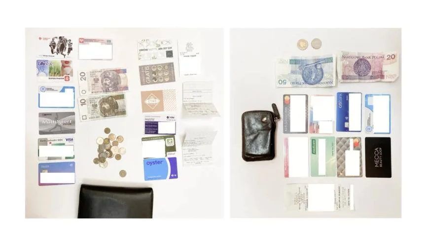 Two different pictures side-by-side. On both we have cash, coins, cards and wallet, but on the left side they are in disorder on the right side they are sorted and neatly laied out.