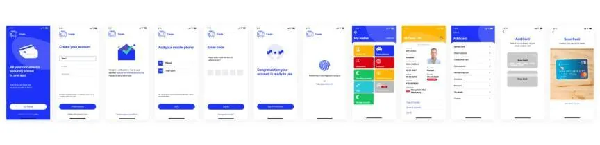 Row of high-fidelity mockups for the wallet app, from account creation and fingerprint setup to the card wallet