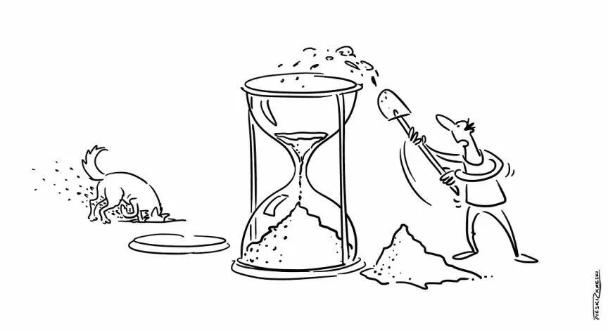 Cartoon of a man shovelling sand into a giant hourglass while a dog digs a hole nearby