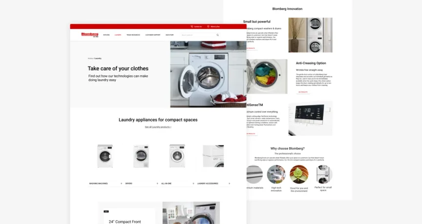 Redesigned Blomberg laundry category page: Take care of your clothes, compact space appliances and innovation highlights