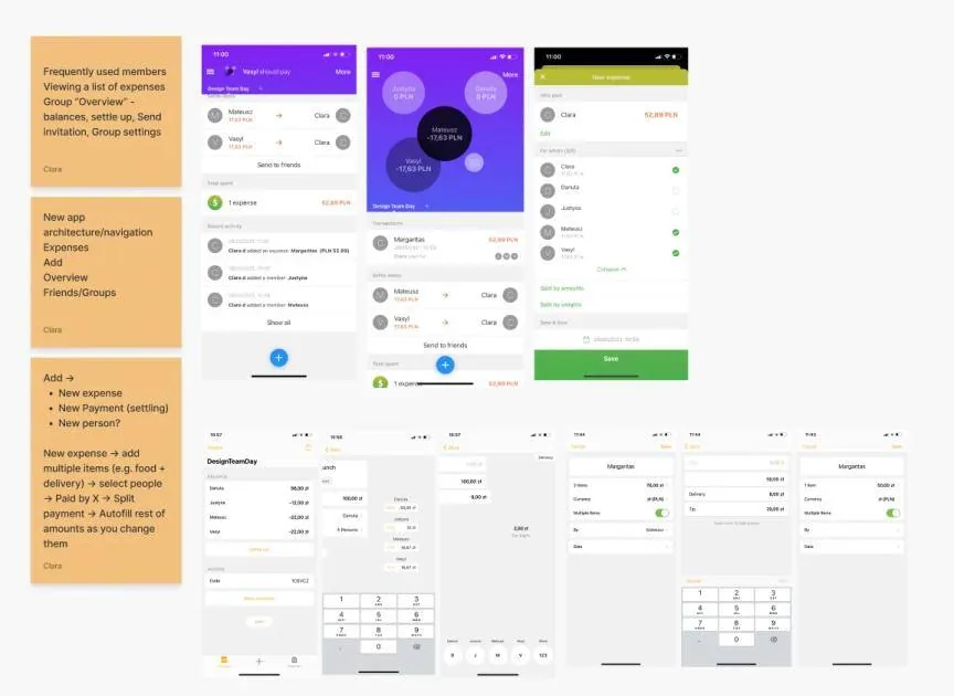 Sticky notes on group overviews and new expense flows next to screenshots of competing expense-splitting apps