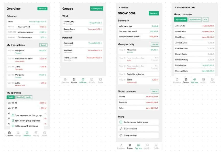 Redesigned overview screens: personal balances and spending, Groups split into Work and Personal, and group activity and balances