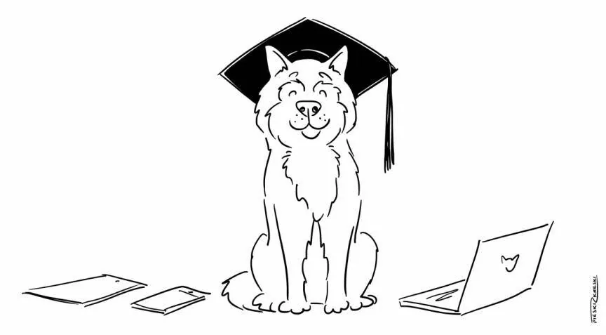 Cartoon of a smiling dog in a graduation cap sitting between a laptop, a phone and papers