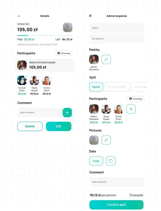 Redesigned expense screens: dinner bill details with participants and amounts, and an Add an expense form with split options