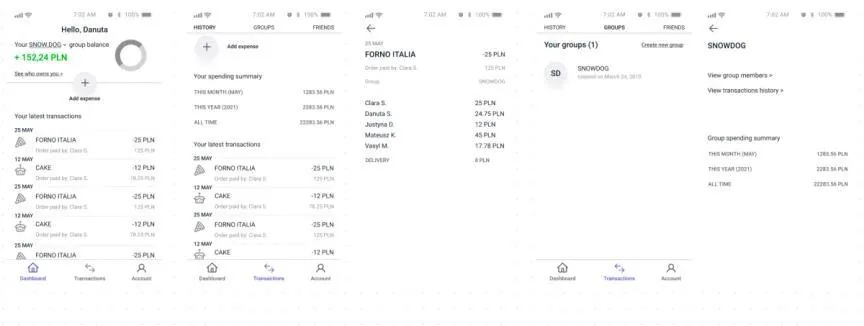 Proposed navigation with Dashboard, Transactions and Account tabs, showing balance, latest transactions and group summaries