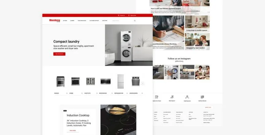 Redesigned Blomberg homepage with the Compact laundry banner, appliance category row, induction cooktop feature and Instagram feed