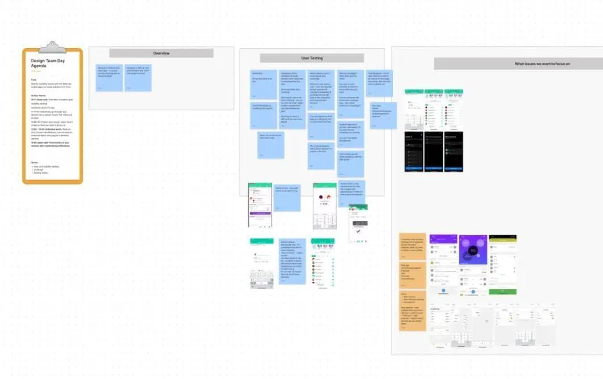 FigJam board with the Design Team Day agenda, overview notes, user testing sticky notes and screenshots of issues to focus on