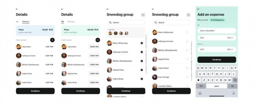 Step-by-step expense flow: delivery split details, choosing people from the Snowdog group list, then adding the expense