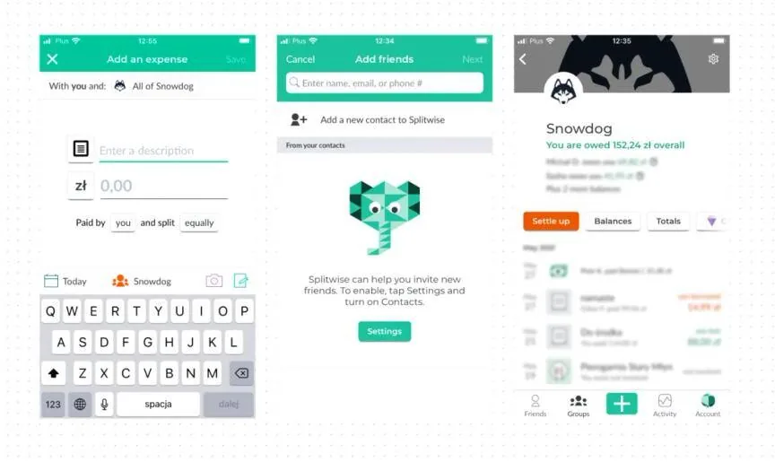 Current Splitwise screens: Add an expense with keypad, Add friends, and the Snowdog group page showing balances owed