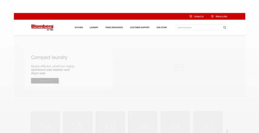 Redesigned Blomberg header with Contact Us and Where to Buy in a red top bar above Kitchen, Laundry and Trade Resources