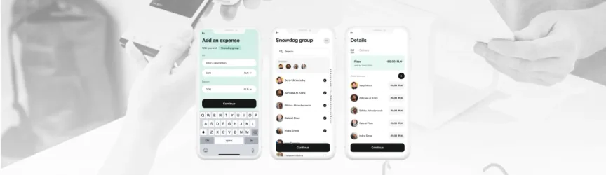 Three redesigned Splitwise screens: Add an expense, Snowdog group member list and expense details, over a faded photo of hands paying