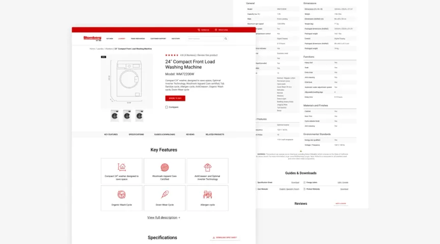 Redesigned Blomberg product page for a 24 inch compact front load washing machine with key features and specifications