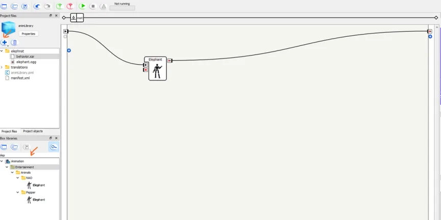 Choregraphe with an Elephant behaviour box linked in the flow diagram, picked from the Animation box library